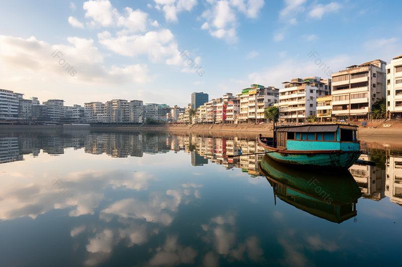 高清的图片海报设计背景广告设计素材元素城市建筑水面上船和楼房的倒影,高清,摄影图,摄影图片,图片大全,摄影图免费下载